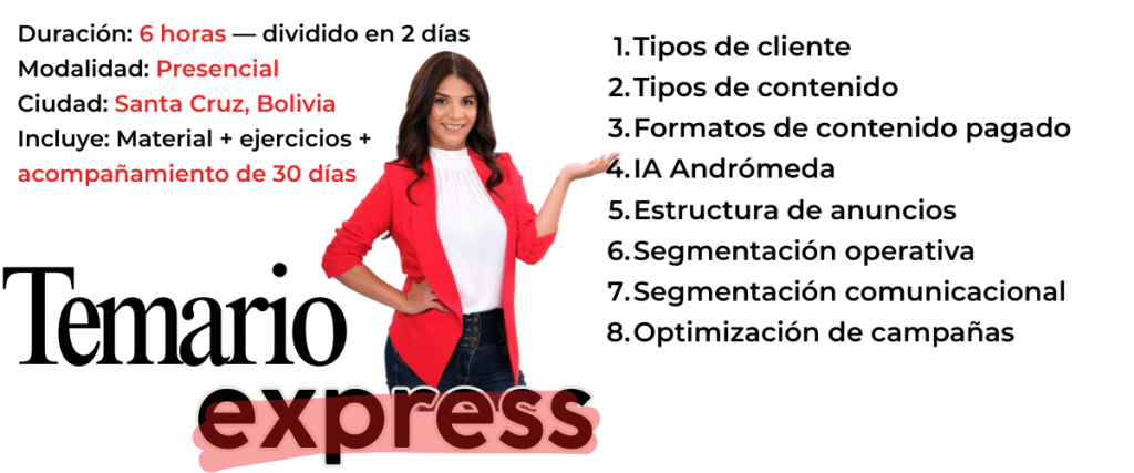 Anuncios que venden Inmuebles Tipos de cliente Tipos de contenido Formatos de contenido pagado IA Andrómeda Estructura de anuncios Segmentación operativa Segmentación comunicacional Optimización de campañas